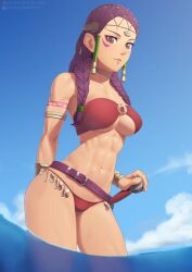 1girls abs alternate_costume alternate_hairstyle armlet bandeau belt bikini braid breasts brown_eyes dark-skinned_female dark_skin facial_mark female female_only fire_emblem fire_emblem:_three_houses fire_emblem_warriors:_three_hopes long_hair looking_at_viewer medium_breasts muscular muscular_female navel nintendo official_alternate_hairstyle outdoors petra_macneary purple_hair putcher red_bikini red_swimsuit solo strapless strapless_bikini swimsuit sword underboob weapon