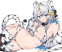 ahoge animal_ears animal_print bikini blue_eyes blue_hair breasts breasts_apart collarbone detached_collar detached_sleeves female female fingernails hair_ornament hand_on_own_thigh highres inu_(puputizy) long_hair looking_at_viewer lying medium_breasts multicolored_hair navel oerba_yun_fang on_side open_mouth original print_bikini print_legwear print_sleeves simple_background solo stole streaked_hair sweatdrop swimsuit thighhighs thighs tiger_ears tiger_print two-tone_hair white_background white_hair white_tiger_print