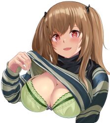 1girls :d bra breasts brown_hair clothing female girls'_frontline green_bra hako_reeema open_mouth open_smile presenting_breasts red_eyes shirt_lift simple_background smile smiling solo solo_female ump9_(girls'_frontline) white_background