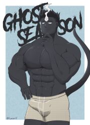 1boy abs bara black_hair black_skin breasts bulge facing_viewer gay ghost hand_on_chin himbo hunk male male_only men muscles muscular muscular_male pecs penis solo tail unknown_character