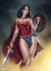 1girls amazon big_breasts black_hair capelet cleavage dc dc_comics diana_prince dravacus female female_only fully_clothed pink_lipstick revealing_clothes shield solo superheroine tiara wonder_woman wonder_woman_(series)