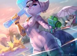 3girls anthro anthro_only beach_chair blue_eyes breasts digimon helluva_boss inflatable_toy lombax looking_at_viewer loona_(helluva_boss) mechanical_arm multiple_girls non-human_areolae nude pussy ratchet_and_clank renamon rivet_(ratchet_and_clank) skeleion smile sunglasses watergun wet