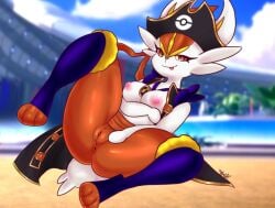 anthro anus big_breasts breasts captain_style_cinderace cinderace clothing female fur furry furry_only hi_res nintendo pokémon_(species) pokemon pokemon_unite pussy scokicoki tagme tail tongue tongue_out