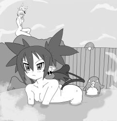 black_and_white breasts completely_nude completely_nude_female demon demon_girl demon_tail disgaea disgaea_1 disgaea_5 etna hot_spring large_breasts neko4gato nippon_ichi_software prinny seraphina_(disgaea) small_breasts