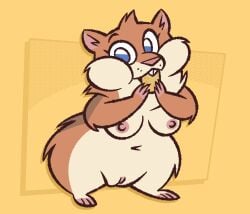 2022 anthro artdexo2000 blue_eyes breasts brown_body brown_fur casual_nudity cricetid eating female fur furry furry_only hamster hi_res looking_at_viewer mammal nipples nude pussy rodent semi-anthro short_stack shortstack solo toony