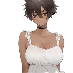 1girls breasts brown_hair choker cleavage dark-skinned_female dress female female_only hair_between_eyes large_breasts looking_at_viewer micchan_(ohisashiburi) ohisashiburi original original_character red_eyes short_hair simple_background skindentation solo sundress tomboy upper_body very_short_hair white_background white_dress