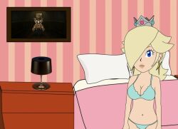 1girls accurate_art_style bed bedroom blue_eyes bra breasts cartoon_hook-ups cleavage crown earrings female female_only hair_over_one_eye lamp light-skinned_female light_skin lips long_hair mario_(series) medium_breasts motel navel nintendo panties picture_frame pillows platinum_blonde_hair princess_rosalina sky-blue_bra sky-blue_panties solo star_earrings tagme underwear wide_hips winky_dink_media