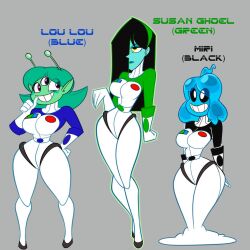 3girls alien alien_girl artist_name ass atomickingboo big_ass big_breasts blue-skinned_female blue_body blue_skin breasts busty clothed clothed_female color colored fat_ass fat_butt female female_focus female_only fully_clothed green-skinned_female green_body green_hair green_skin hips hourglass_figure humanoid large_ass large_breasts large_butt long_hair looking_at_viewer looking_back lou_lou miri_(the_space_angels) multiple_girls original original_character slime slime_girl susan_ghoel the_space_angels thick thick_legs thick_thighs voluptuous watermark wide_hips