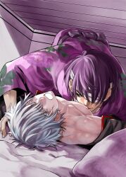 2boys bandages closed_eyes eye_patch gay gintama gintoki_sakata japanese_clothes kimono looking_at_another looking_pleasured male male_only muscular muscular_male on_back on_bed open_mouth open_shirt purple_hair silver_hair silversnow smile takasugi_shinsuke white_hair yaoi