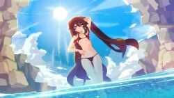 1girls aduare animated arm_up armpits beach bikini black_bikini breasts brown_hair flowing_hair genshin_impact hu_tao_(genshin_impact) looking_at_viewer navel no_sound ocean outdoors pale-skinned_female partially_submerged petite pixel_art pose red_eyes shorter_than_10_seconds shorter_than_30_seconds sky small_breasts solo standing sunlight tagme twintails underboob video water