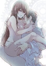 1boy 1girls breasts clothed_male_nude_female female highres human labcoat makise_kurisu male motomotosakana nude okabe_rintarou purple_hair steins;gate straight tongue tongue_out