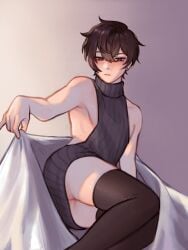 1boy 1littlepear clothed dark_hair indie_virtual_youtuber male_focus male_only original shoto shoto_(vtuber) solo sweater thick_ass thick_thighs thighhighs unamused virgin_killer_sweater virtual_youtuber