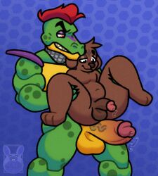 2boys alligator alternate_version_available animal_genitalia animatronic anthro anthro_only belly_button big_balls big_penis boner brown_body brown_fur canine carrying carrying_partner chubby crocodilian dog domestic_dog erection five_nights_at_freddy's five_nights_at_freddy's:_security_breach gay genitals green_body green_skin helix_(eljelicsnsfw) humanoid humanoid_genitalia humanoid_penis imminent_anal imminent_sex looking_down male male/male male_only mammal mohawk montgomery_gator_(fnaf) no_humans nude penis penis_size_difference red_hair reptile size_difference spread_legs the_ornyrabi77 therabit yaoi