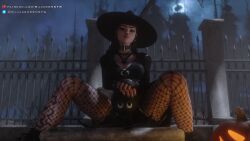 1girls clothed clothing collar female female_only fishnets fortnite front_view goth goth_girl large_breasts leg_tattoo looking_at_viewer outdoors phaedra_(fortnite) seated silver2299 sitting solo_female spread_legs tattoo witch witch_hat