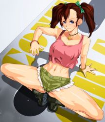 1girls arikawa arm_support armpit_peek bakusou_kyoudai_let's_and_go big_breasts blue_eyes breasts brown_hair busty covered_erect_nipples female female_only hair_ribbon large_breasts legs looking_at_viewer midriff navel oogami_marina posing ribbon sensual shorts sleeveless smile solo squatting sweat tank_top thighs toned twintails