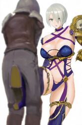 1boy 1girls armor ballbusting big_breasts blue_eyes breasts female femdom isabella_valentine male navel seset short_hair simple_background soul_calibur warrior white_background white_hair