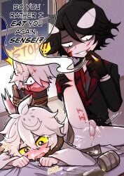 3boys accurate_art_style ahegao anal animal_ears bedroom_setting beer begging_to_stop black_hair blood blood_stain carving cigarette clenched_hands clothed_sex color cuckold cum cum_everywhere cum_in_ass cum_inside cum_on_body d: dominant_male dubious_consent embarrassed funamusea gloves grin hiccuping highres ice_scream idate licowish male/male mouth_open netorare ntr orgasm partially_clothed penetration rape restrained rope sadism sadistic_smile sheet_grab shirogane_(funamusea) small_penis smoking spilled_drink submissive_male suit tally_marks thigh_grab thrusting tied_up trembling wadanohara_and_the_great_blue_sea white_hair yaoi yukisada_(ice_scream)