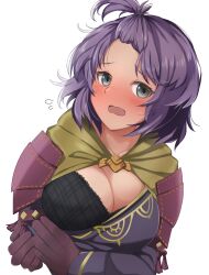 1girls alternate_breast_size alternate_costume alternate_hairstyle armor bernadetta_von_varley big_breasts black_bra blush bra breasts cleavage clothes_pull commentary_request dress_pull embarrassed female female_only fire_emblem fire_emblem:_three_houses fire_emblem_warriors:_three_hopes flashing flying_sweatdrops front_ponytail gloves grey_eyes highres large_breasts looking_at_viewer medium_hair nintendo official_alternate_costume official_alternate_hairstyle open_mouth purple_hair shoulder_armor simple_background solo topknot toshimasa toshimasa_(ztvy3575) underwear upper_body wavy_mouth white_background