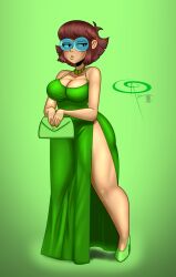 aged_up big_breasts blush brown_hair brunette cleavage dress female female_only frostbiteboi glasses green_dress lisa_loud n-kosi n-kosi_(coloring) necklace nickelodeon purse solo solo_female solo_focus the_loud_house thicc-verse thick_thighs wide_hips