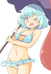 1girls :d arnest bare_arms bare_shoulders bare_thighs belly belly_button bikini bikini_bottom bikini_skirt bikini_top blue_bikini blue_bikini_top blue_eyebrows blue_eyes blue_hair blush blush blushing_at_viewer cleavage collarbone eyebrows_visible_through_hair female_only groin hi_res highres kogasa_tatara leaning medium_breasts simple_background tongue touhou umbrella white_background white_bikini_bottom wink winking winking_at_viewer