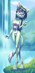 3_toes alternate_version_at_source anthro bassybefuddle breasts domestic_cat dreamkeepers feet felid feline felis female fur genitals grass green_body green_fur hi_res lilith_calah looking_at_viewer mammal navel nipples nude outside plant purple_eyes pussy solo teenager toes tree water waterfall young