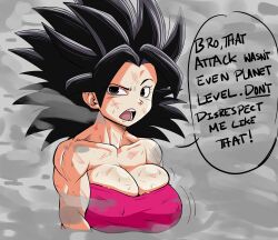 1girls big_breasts black_eyes black_hair breasts bruise bruise_on_face bruised caulifla clothed clothed_female clothing dialogue dissappointed_look dragon_ball dragon_ball_super dragon_ball_z eyebrows_raised hard_nipples motion_lines pseudocel ripped_clothing scratches smoke spiky_hair steam sweat sweatdrop sweating sweaty sweaty_body sweaty_breasts text text_bubble