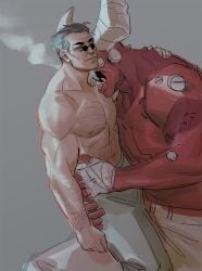 2boys bara black_hair demon dual_persona francishsie hand_on_back helltaker helltaker_(character) interspecies leg_between_thighs male_focus male_only red_skin round_eyewear selfcest skull_mask subject_67_(helltaker) sunglasses topless_male wrinkled_skin yaoi