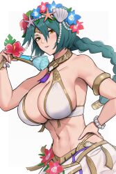 1girls alternate_costume armband bangs bare_arms bare_shoulders bead_bracelet beads bikini blue_flower bracelet breasts cleavage commentary female female_only fire_emblem fire_emblem_heroes flower folding_fan gonzarez hair_between_eyes hair_flower hair_ornament hand_fan hand_on_hip highres holding holding_fan jewelry large_breasts long_braid long_hair looking_at_viewer navel nintendo official_alternate_costume parted_lips pink_flower sarong seashell shell shell_hair_ornament simple_background solo stomach swimsuit teal_hair thorr_(fire_emblem) thorr_(summer)_(fire_emblem) upper_body white_background white_bikini white_swimsuit yellow_eyes