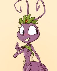 a_bug's_life abdomen anthro blush disney exposed_breasts exposing_chest insect_abdomen insect_girl insect_humanoid insects lifting_clothing nipples pixar princess_atta purple_skin smiling