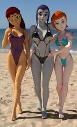 3d 3d_(artwork) 3girls aged_up beach ben_10 big_ass big_breasts big_butt bikini black_swimsuit blue_bikini blue_swimsuit cartoon_network crossover daz3d daz_studio dc dc_comics feet female female_only gwen_tennyson koriand'r long_hair looking_at_viewer one-piece_swimsuit orange_hair pin3d purple_hair purple_swimsuit rachel_roth raven raven_(dc) red_hair short_hair starfire swimsuit teen_titans