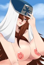 1girls auburn_hair big_breasts breasts female female_only fingernail_polish green_eyes hair_over_one_eye hat huge_breasts impuredoncelle lipstick looking_at_viewer makeup mei_terumi mizukage nail_polish naruto naruto_(series) naruto_shippuden solo solo_focus upper_body veil very_long_hair