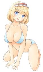 1girls alice_margatroid almost_naked arnest ass ass bare_arms bare_legs bare_shoulders bare_thighs barefoot belly big_breasts bikini bikini_bottom bikini_top blue_bikini blue_eyes blush blush blushing_at_viewer breasts breasts cleavage collarbone eyebrows_visible_through_hair female_only golden_hair hand_on_floor head_tilt headband headwear hi_res highres large_breasts leaning leaning_forward seiza short_hair simple_background strap_gap touhou white_background yellow_hair