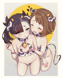 2girls alternate_costume animal_ears animal_print asymmetrical_bangs bangs bikini bikini_pull bikini_tug blush bob_cut bracelet breast_grab breasts brown_hair closed_eyes clothes_pull collarbone commentary commentary_request covered_erect_nipples cow_ears cow_horns cow_print cow_tail creatures_(company) eyelashes female female_only game_freak gloria_(pokemon) grabbing green_eyes hand_up heart heart-shaped_pupils highres horns jewelry marnie_(pokemon) multiple_girls n2ewu nail_polish navel nintendo open_mouth pokemon pokemon_(game) pokemon_ss pulled_by_another raised_eyebrows red_nails short_eyebrows short_hair small_breasts sweat swimsuit symbol-shaped_pupils tail teeth tongue yuri