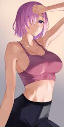 1girls 2022 arm_up armpits athletic athletic_female breasts fate/grand_order fate_(series) female female_only fit fit_female hair_over_one_eye hi_res large_breasts leggings looking_at_viewer mash_kyrielight pink_hair purple_eyes rororo short_hair sideboob simple_background sports_bra sportswear sweat sweaty_body tight_clothing yoga_pants