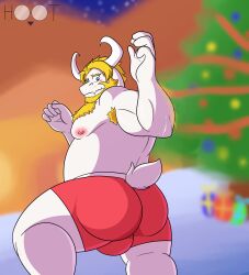 1boy 2021 2d 2d_(artwork) anthro artist_logo artist_name asgore_dreemurr bara beard beefy blonde_hair blue_eyes body_fur body_hair bulge christmas christmas_tree color colored dg254 facial_hair flustered furry goat hoot_(owl_logo) horns male male_nipples male_only masculine mature_male muscled musclegut muscular_male no_visible_genitalia outdoors solo tail undertale undertale_(series) underwear white_fur