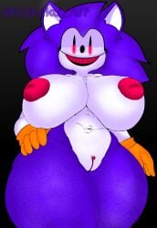 ass big_ass big_breasts ears_up evil_grin evil_smile fat_ass female gloves grin looking_at_viewer mammal michiku needlemouse_(character) needlemouse_(series) nipples purple_fur purple_skin pussy red_eyes red_teeth sarah_henderson_(needlemouse) sonic.exe sonic_(series) sonic_the_hedgehog_(series) waist_grab watermark white_fur white_skin