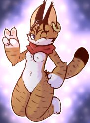 2017 4_fingers anthro breasts brown_body brown_fur ear_piercing ear_ring felid feline female fingers front_view full-length_portrait fur gesture hi_res kerchief kerchief_only kneeling looking_at_viewer lost_hope lynx mammal miyu_lynx mostly_nude neckerchief neckerchief_only nintendo nipples one_eye_closed piercing portrait ring_piercing smile solo star_fox stripes v_sign video_games wink