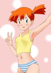 armpits asymmetrical_hair breasts creatures_(company) eyelashes female game_freak gen_1_pokemon green_eyes gym_leader hair_between_eyes hair_tie kasumi_(pokemon) looking_at_viewer midriff navel nintendo orange_hair panties pokemon pokemon_(anime) pokemon_(classic_anime) pokemon_(game) pokemon_rgby ponytail ryo_(artist) shirt short_hair side_ponytail smile solo striped_panties tank_top v yellow_shirt yellow_tank_top