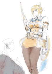 1boy 1girls blonde_hair blush breasts cassandra_alexandra eyebrows_visible_through_hair femdom medium_breasts seset shield simple_background soul_calibur sword thick_thighs thighs weapon white_background