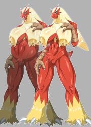 anthro areola avian big_breasts blaziken blue_eyes blush breasts female fur genitals hair hi_res looking_at_viewer mao_uyasunari nintendo nipples nude pokemon pokemon_(species) pregnant pussy tongue video_games