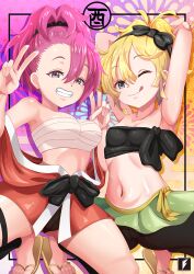 2girls armpits artist_request azami_(kunoichi_tsubaki_no_mune_no_uchi) blonde_hair breasts collarbone double_v flat_chest flat_chested green_skirt grey_hair grin hair_between_eyes highres japanese_clothes kimono kunoichi_tsubaki_no_mune_no_uchi licking_lips multiple_girls navel ninja open_clothes open_kimono ponytail red_hair sandals sarashi short_hair simple_background skirt smile stomach strapless tanpopo_(kunoichi_tsubaki_no_mune_no_uchi) toes tongue tongue_out tube_top upper_body wink