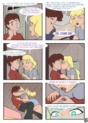 1boy 1girls aged_up bags_under_eyes bisexual_(female) blonde_hair brown_hair comic dipper_pines english_text glowing_eyes gravity_falls kissing pacifica_northwest page_6 ponytail sealedhelm speech_bubble straight_hair