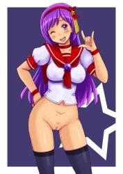 1girls athena_asamiya big_breasts blush bottomless breasts busty cameltoe erect_nipples_under_clothes female female_only hand_on_hip hi_res king_of_fighters large_breasts legs no_pants no_skirt one_eye_closed open_mouth pose purple_eyes purple_hair pussy school_uniform schoolgirl schoolgirl_uniform seifuku smile snk sweat thighs tsumitani_daisuke wink