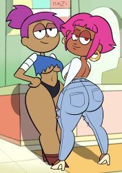 2girls accurate_art_style ass big_ass breasts clothed clothing dark-skinned_female dark_skin double_chocolate enid female female_only high_heels human_shannon ok_k.o.!_let's_be_heroes planz34 purple_hair red_eyes revealing_clothes shannon_(ok_k.o.!_let's_be_heroes) shannon_boxman skimpy thick_thighs tight_clothing underboob