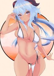 :o absurdres armpit_peek armpits bare_arms bare_legs bikini bikini_aside blue_hair breasts cleavage clothing_aside curled_horns dark-skinned_female dark_skin female female ganyu_(genshin_impact) genshin_impact goat_horns groin hair_between_eyes highres horns inuinuo_gataken long_hair medium_breasts navel open_mouth pulled_by_self purple_eyes pussy sidelocks solo stomach swimsuit tan thick_thighs thighs white_bikini white_swimsuit