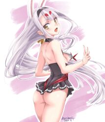 animal_ears artist_name ass azur_lane back bangs bare_arms bare_shoulders black_hair_ornament black_hairband black_skirt blunt_bangs breasts bunny_ears clothing dated eyebrows_visible_through_hair female female from_behind hairband high-waist_skirt high_resolution long_hair looking_at_viewer looking_back nipples open_mouth shimakaze_(azur_lane) shoulder_blades simple_background skirt small_breasts smile solo umyonge_(lkakeu) v very_long_hair white_background white_hair yellow_eyes