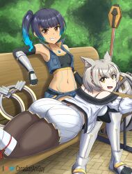 2girls ass bench big_ass black_legwear blue_hair breasts brown_eyes canadiananiguy cat_ears catgirl core_crystal daisy_dukes jacket jean_vest kneehighs legwear lying_on_lap lying_on_person lying_on_stomach medium_breasts mio_(xenoblade) nintendo on_lap park park_bench sena_(xenoblade) silver_hair sitting small_breasts smile sports_bra tank_top thick_thighs thighhighs thighs white_tank_top xenoblade_(series) xenoblade_chronicles_3 yellow_eyes