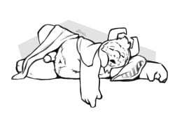 2d 2d_(artwork) anthro asgore_dreemurr beard black_and_white blonde_hair dilf facial_hair flaccid_penis furry goat horn horns laying_on_bed male male_only muscled muscular_male naked penis showing_penis sleeping undertale undertale_(series) white_fur zestibone