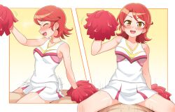 1boy :d anzai_tokiwa bare_shoulders blush breasts brown_eyes cheerleader closed_eyes clothed_sex cowgirl_position female happy_sex highres holding holding_pom_poms looking_at_viewer medium_breasts medium_hair mewkledreamy miniskirt pom_pom_(cheerleading) red_hair shirt skirt sleeveless sleeveless_shirt smile straddling straight textless_version white_shirt white_skirt yoban