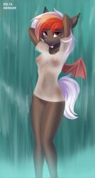 anthro bat_pony bat_wings breasts brown_body brown_fur clothing delta_hronum digital_media_(artwork) ear_tuft equid eyebrows fan_character fangs female fur genitals hair hasbro hi_res looking_at_viewer mammal membrane_(anatomy) membranous_wings multicolored_hair my_little_pony navel nipples open_mouth open_smile pussy red_eyes shirt signature small_breasts smile solo standing tan_hair topwear tuft water waterfall wet wet_clothing white_hair white_tail wings